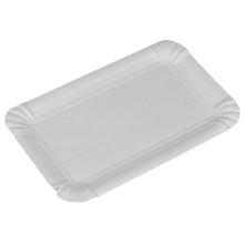 The image shows a rectangular, white Abena Re-Seller GmbH paper plate (10.5 x 16.5 cm) with fluted edges from a pack of 250, set against a solid white background.