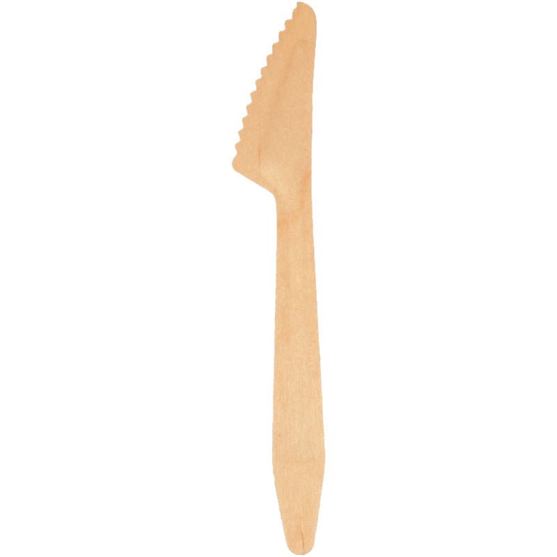 A single Abena Re-Seller GmbH knife, 16.5 cm, wood from a pack of 100 is depicted against a white background. The knife has a simple flat design with rounded ends and is ideal for any knife set.