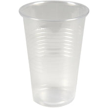 A transparent serving cup, made of PP, 20 cl, from Abena Re-Seller GmbH stands upright against a plain white background. The cup has a slightly flared rim and horizontal grooves around the body. It is supplied in packs of 100.