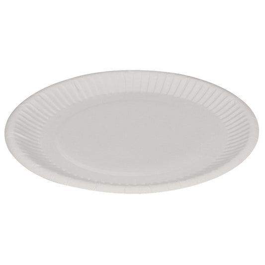 The Round White Paper Plate from Abena Re-Seller GmbH is a round, white disposable plate with a fluted rim—eco-friendly and perfect for environmentally conscious events.
