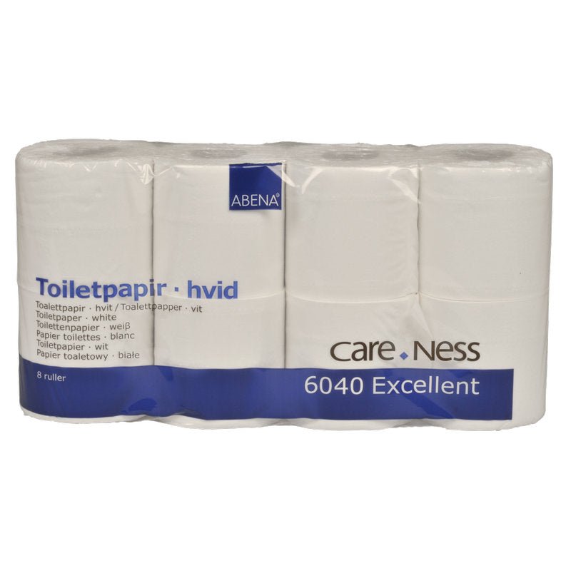 An 8-pack of white 2-ply toilet paper (9.8 cm x 33.75 m per roll) labeled "Toilettenpapier" and the brand Abena Re-Seller GmbH is delivered in plastic packaging with multilingual information and the Abena logo on the packaging.