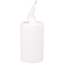 A single white Abena Re-Seller GmbH hand towel roll Mini, 2-ply (20.3 cm x 72 m), stands upright with a sheet pulled from the center against a plain background, highlighting its high absorbency.