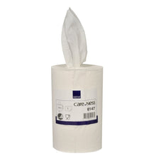 Pictured is a white Abena Re-Seller GmbH hand towel roll Mini (1-ply, 20 cm x 120 m) with a sheet pulled up from the center. The label shows the product name and details. The box contains 12 packs.