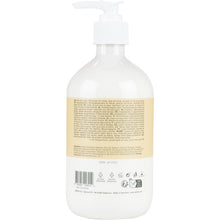 A white plastic pump bottle from Abena Re-Seller GmbH with a beige back label shows product information, ingredients, and details about this lightly perfumed skin care lotion (14% fat content, 500ml) for dry skin. At the bottom edge are symbols and a barcode.
