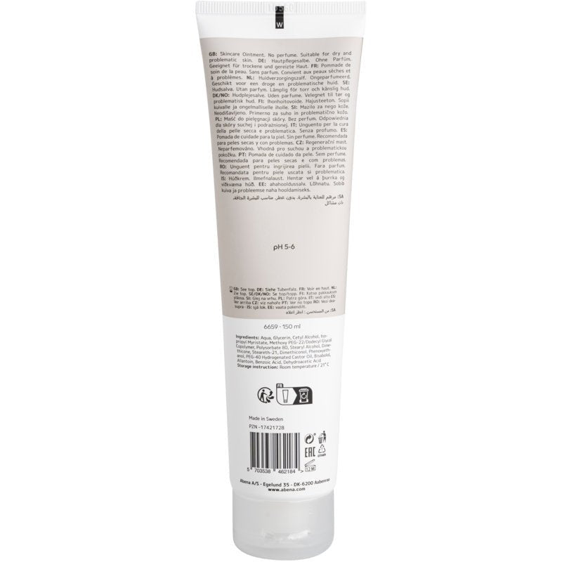 The back of a white Abena Re-Seller GmbH skincare ointment 150 ml tube (carton, 12 packs) for dry skin shows an ingredient list with natural ingredients, usage instructions, recycling symbols, and multilingual product information. Made in Sweden.