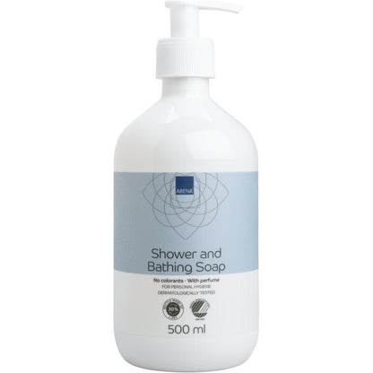 500 ml pump bottle Abena Re-Seller GmbH hair and body shampoo with perfume, with white bottle and light blue label, dermatologically tested for body care; available in a pack of 6.
