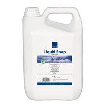 A large white plastic container with a handle and screw cap, labeled "Abena Re-Seller GmbH Liquid Hand Soap, lightly perfumed". The multilingual label provides information about the product.