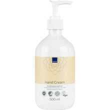 A 500 ml pump bottle of Abena Re-Seller GmbH hand cream, 21% fat content, unscented. Dermatologically tested, vegan, suitable for sensitive skin; contains no dyes and no perfume. Beige label.