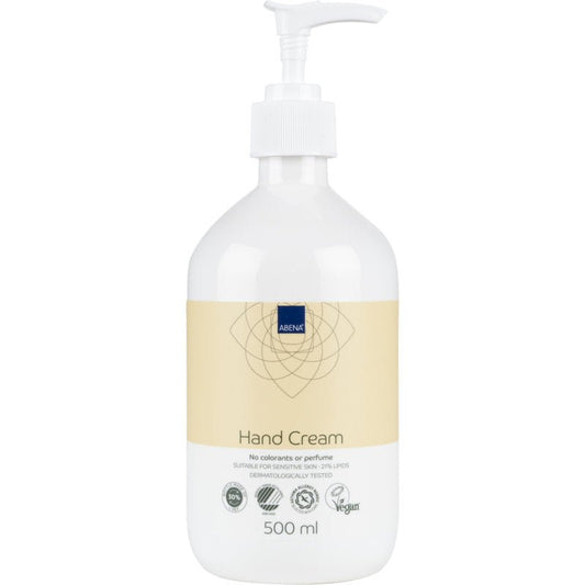 A 500 ml pump bottle of Abena Re-Seller GmbH hand cream, 21% fat content, unscented. Dermatologically tested, vegan, suitable for sensitive skin; contains no dyes and no perfume. Beige label.