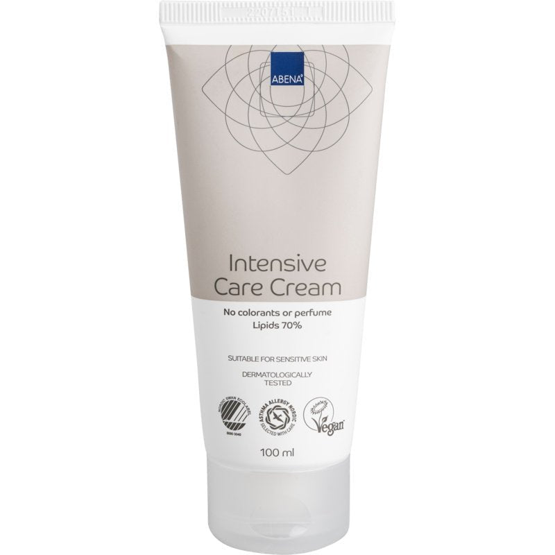 A pack with 12 x 100 ml Abena Re-Seller GmbH fat cream, vegan and dermatologically tested, contains 70% lipids, is free from dyes and perfumes - ideal for sensitive, dry or cracked skin.