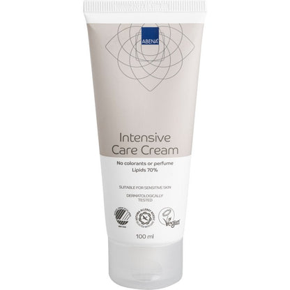 A pack with 12 x 100 ml Abena Re-Seller GmbH fat cream, vegan and dermatologically tested, contains 70% lipids, is free from dyes and perfumes - ideal for sensitive, dry or cracked skin.
