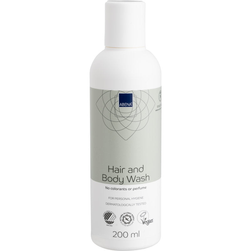 A white and light gray 200 ml bottle of Abena Re-Seller GmbH hair and body shampoo "Washing without Water" for body care, vegan, dermatologically tested and free from dyes and perfumes. Available in a box with 6 packs.