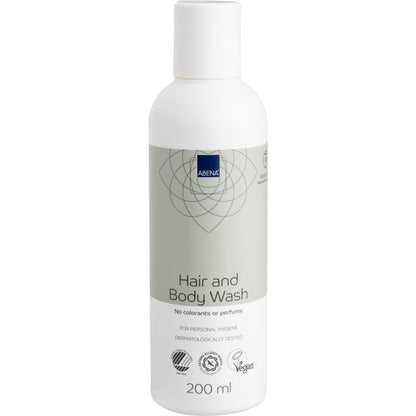 A white and light gray 200 ml bottle of Abena Re-Seller GmbH hair and body shampoo "Washing without Water" for body care, vegan, dermatologically tested and free from dyes and perfumes. Available in a box with 6 packs.