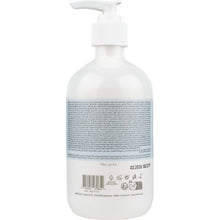 A transparent plastic bottle with a white pump dispenser labeled "Mild Cream Soap without Perfume" by Abena Re-Seller GmbH is equipped with a large blue-white label and multilingual product information on the back.