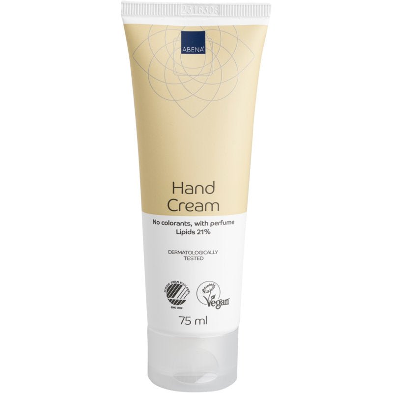 A 75 ml tube of Abena Re-Seller GmbH hand cream, 21% fat content, lightly perfumed, with beige-white design; dermatologically tested and free of dyes.