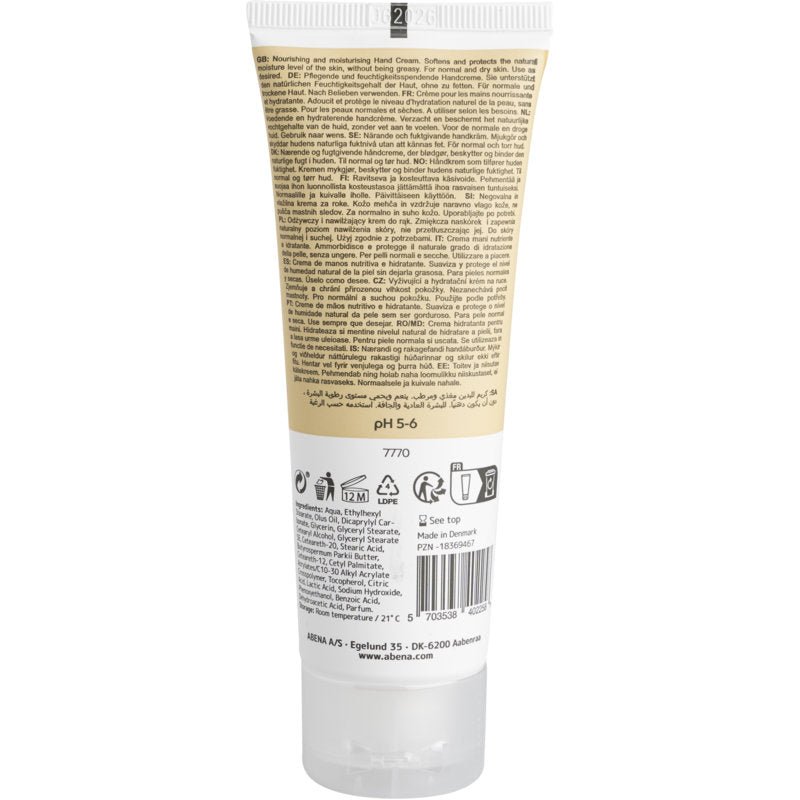 A tube of Abena Re-Seller GmbH hand cream (21% fat content, lightly perfumed) is pictured from the back, with product information, instructions, and ingredients in multiple languages, as well as usage and recycling symbols at the bottom.