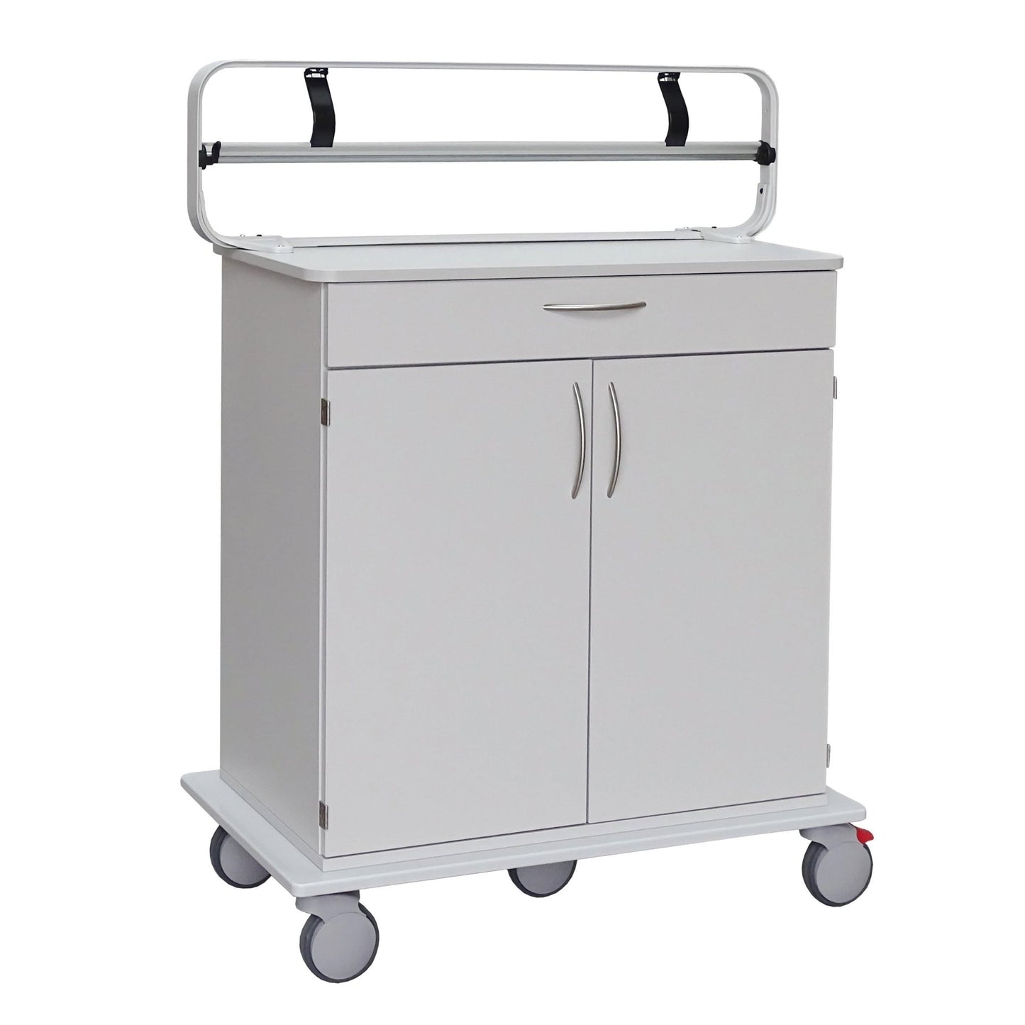 A white medical cart with a flat plate, drawer, cabinet, and wheels features a metal rail and two black straps to securely hold the Novocal paper roll dispenser (max. roll width 100 mm) from Novocal. The cart is placed against a plain background.