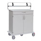 A white medical cart with a flat plate, drawer, cabinet, and wheels features a metal rail and two black straps to securely hold the Novocal paper roll dispenser (max. roll width 100 mm) from Novocal. The cart is placed against a plain background.
