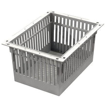 A gray Novocal ABS module storage system, divisible and including pull-out stops, with vertical slats and a solid base for ventilation or drainage, is shown at an angle.