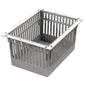 A gray Novocal ABS module storage system, divisible and including pull-out stops, with vertical slats and a solid base for ventilation or drainage, is shown at an angle.