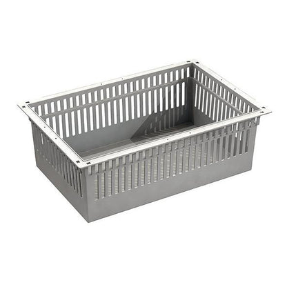 The Novocal ABS module, gray, divisible with pull-out stops, is a rectangular plastic basket with a reinforced edge, vertical slots, and flat bottom - part of the Novocal storage system.