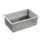 The Novocal ABS module, gray, divisible with pull-out stops, is a rectangular plastic basket with a reinforced edge, vertical slots, and flat bottom - part of the Novocal storage system.