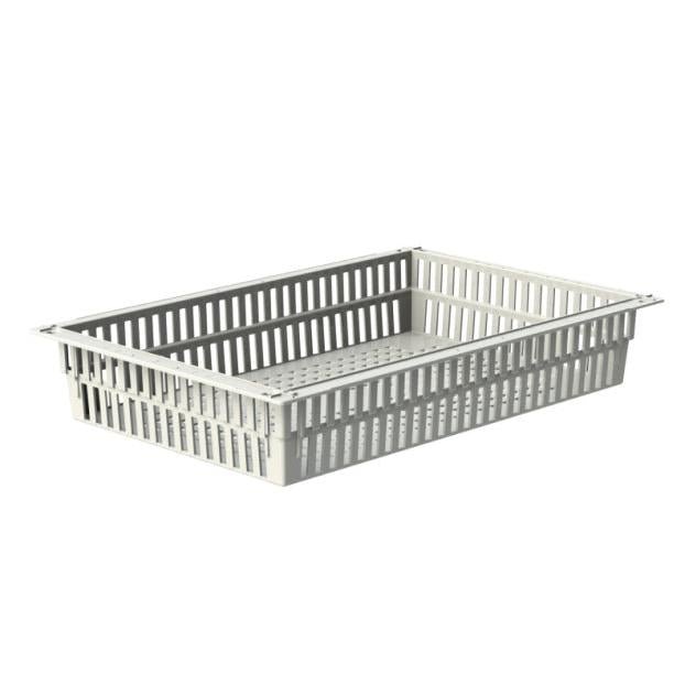The Novocal ABS basket in gray has a perforated bottom, is divisible by pull-out stoppers, and is made of durable ABS material. It is empty and presented against a white background.