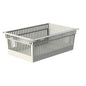 The Novocal ABS basket is a rectangular, light gray, divisible basket with a perforated bottom and pull-out stops, depicted at an angle against a white background.