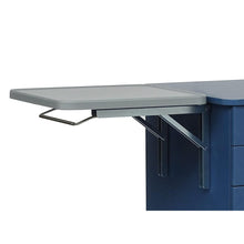 Close-up of a blue desk with the Novocal ABS top for the writing surface (350 x 510 x 19 mm, including 4-sided upstand) and a gray, fold-out side table attached, both securely supported by metal brackets.