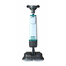 The white-gray Arcora Tiger 40 floor cleaning machine from Arcora International GmbH stands upright with two round brushes at the base and a control handle for professional floor cleaning. The delivery is made in a carton (1 piece).