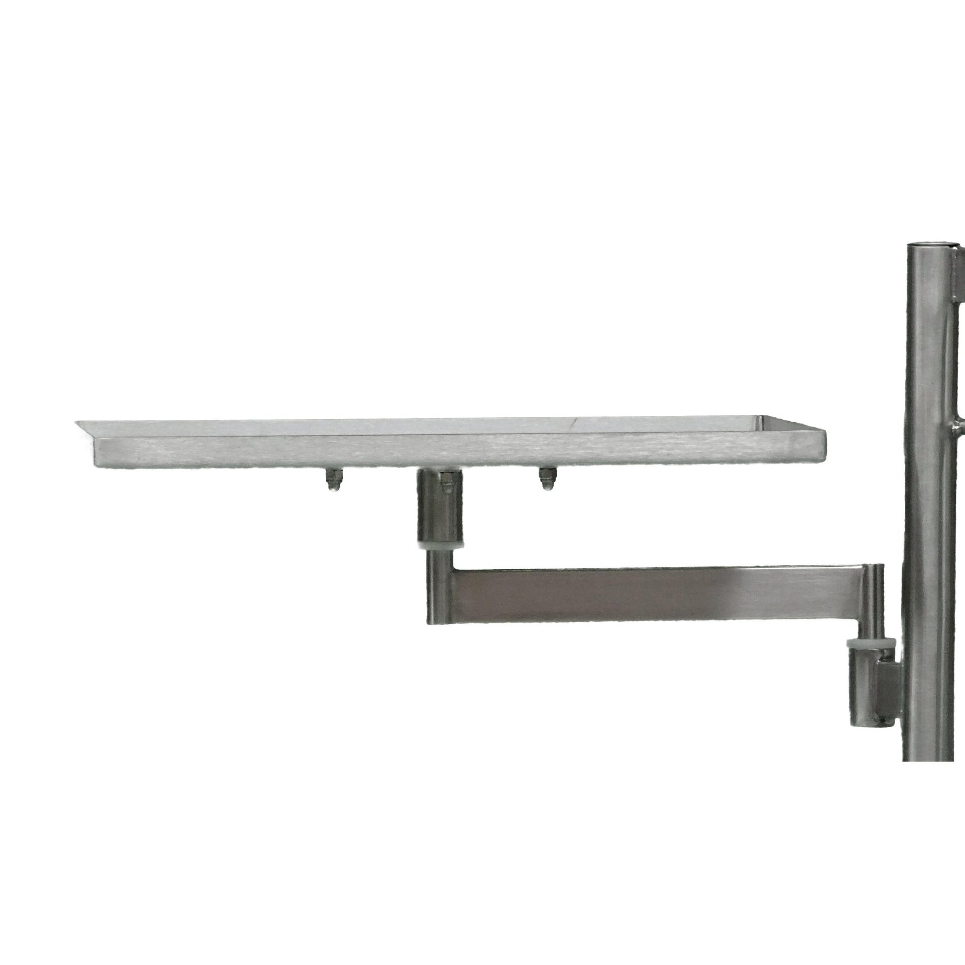 The Novocal tray for defibrillator by Novocal is a rectangular metal tray attached to a vertical pole with a horizontal support arm and brackets underneath, depicted on a plain white background.