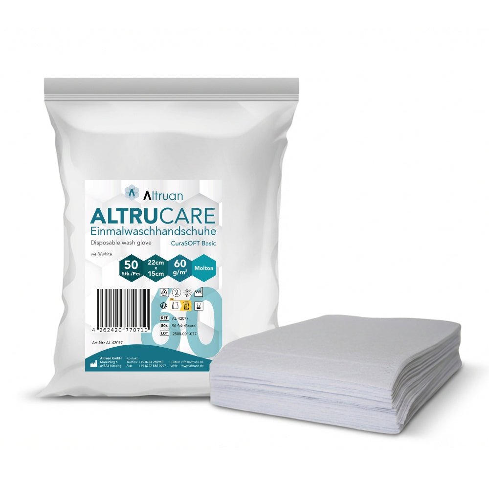 A package of Altruan Altrucare disposable wash gloves CuraSOFT Basic (60g) with 50 gloves is shown next to a stack of unfolded gloves. The packaging shows that each glove is 22 cm x 15 cm in size.