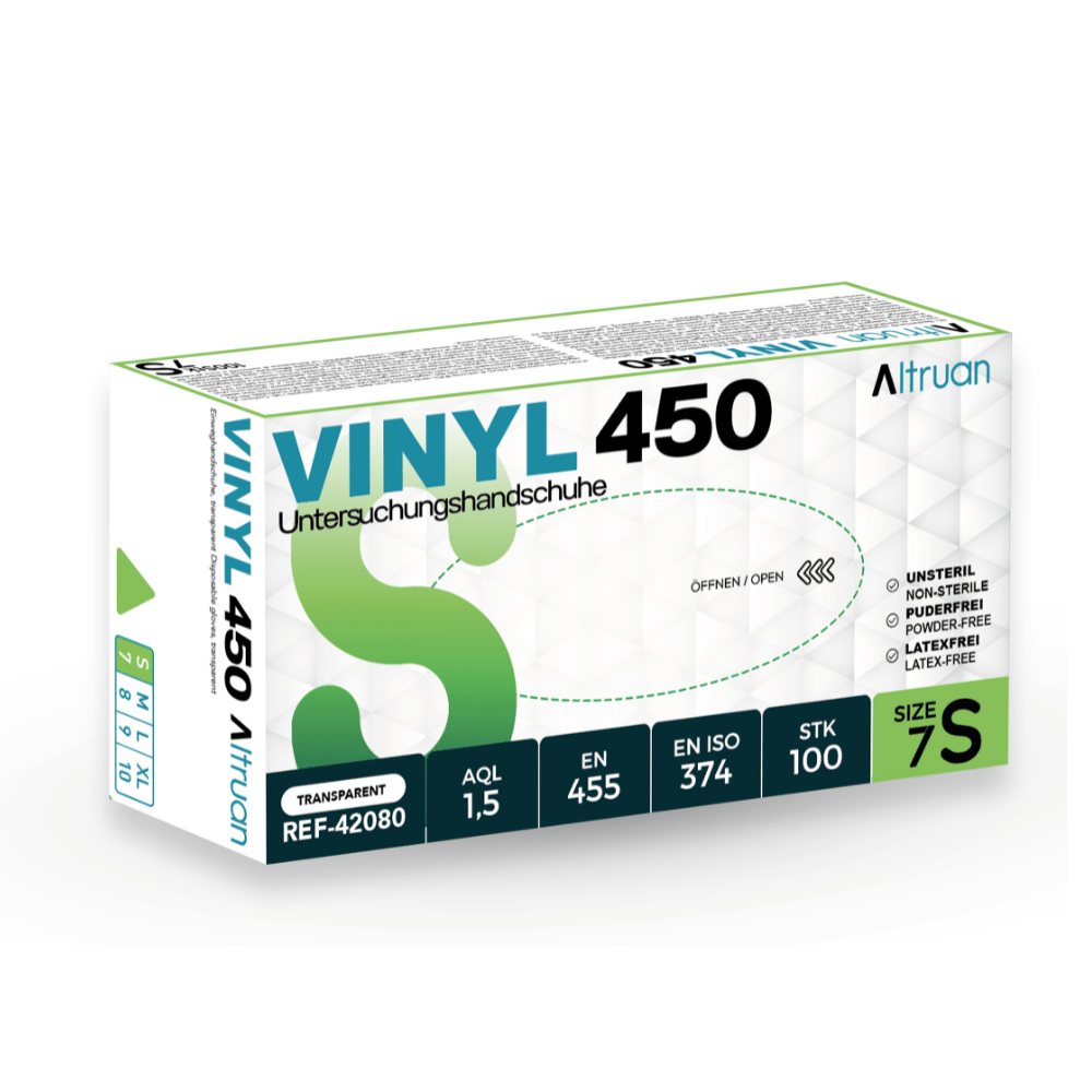 A box of Altruan Vinyl 450 disposable gloves, transparent, size 7S, contains 100 latex-free and powder-free disposable gloves. Complies with standards EN 455 and ISO 374. Brand: Altruan.