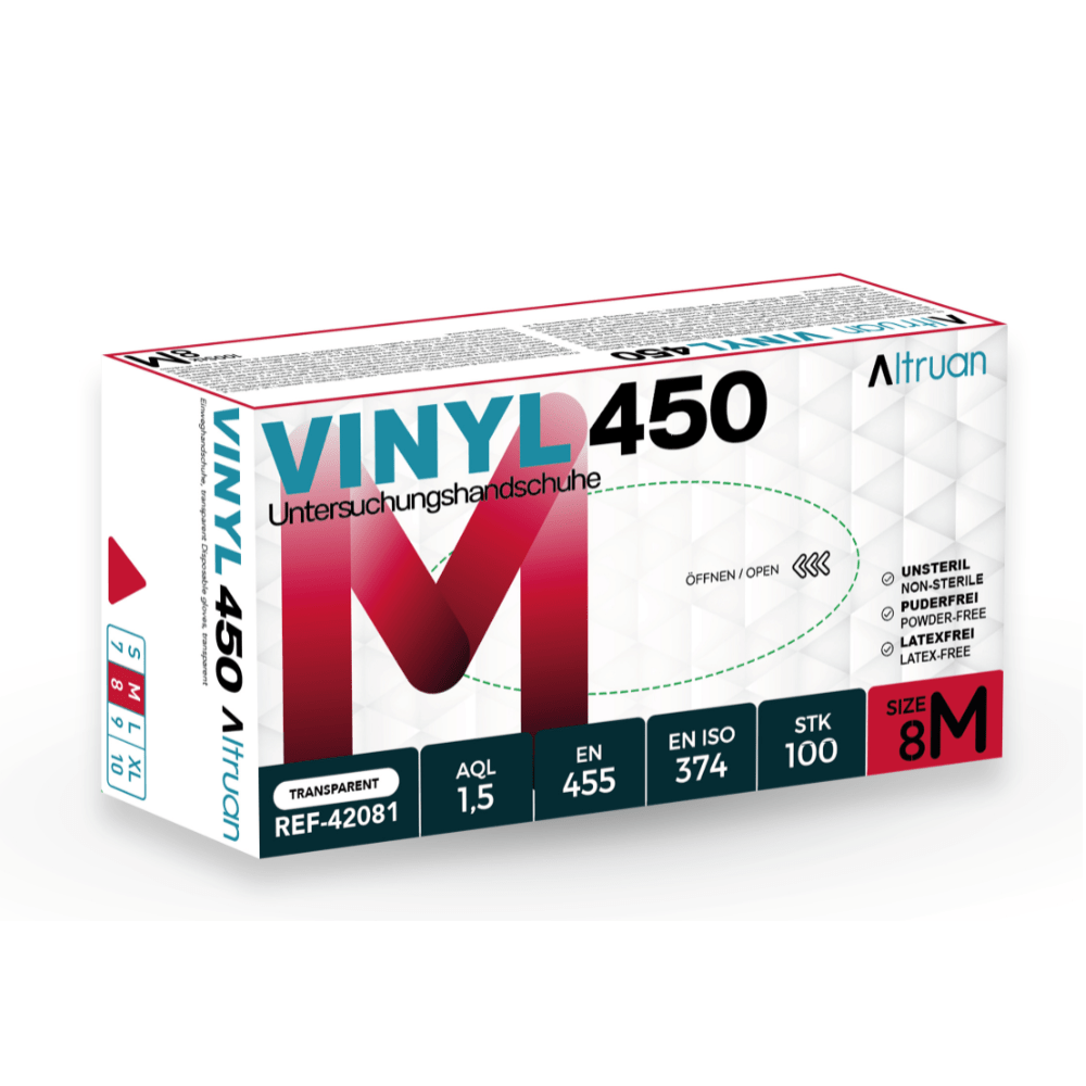 A box of Altruan Vinyl 450 disposable gloves, transparent, size 8M, 100 pieces. The packaging displays product details, standards (EN 455, EN ISO 374) and icons for latex-free, non-sterile, and powder-free.