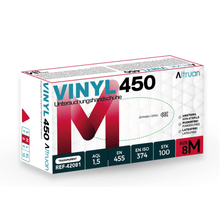 A box of Altruan Vinyl 450 disposable gloves, transparent, size 8M, 100 pieces. The packaging displays product details, standards (EN 455, EN ISO 374) and icons for latex-free, non-sterile, and powder-free.
