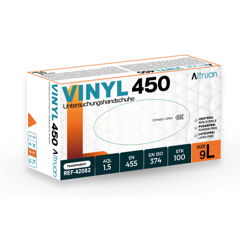A box of Altruan Vinyl 450 disposable gloves, size 9L. Contains 100 transparent, non-sterile, powder-free disposable gloves with German and English labeling from Altruan. Product reference: REF-42082.