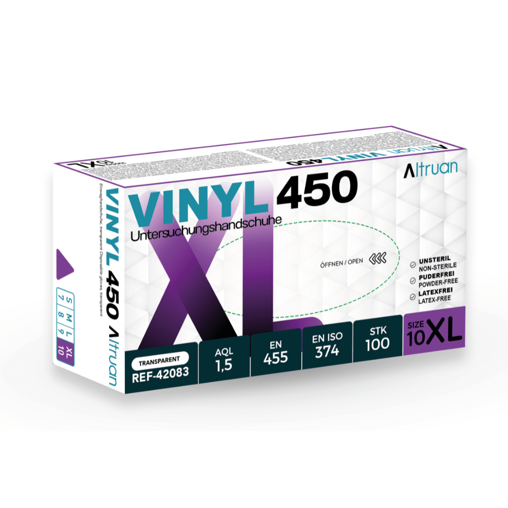 A rectangular box of Altruan Vinyl 450 disposable gloves, transparent, non-sterile, powder-free, latex-free (100 pieces), size 10 XL. The box contains product details and certifications from the brand Altruan.