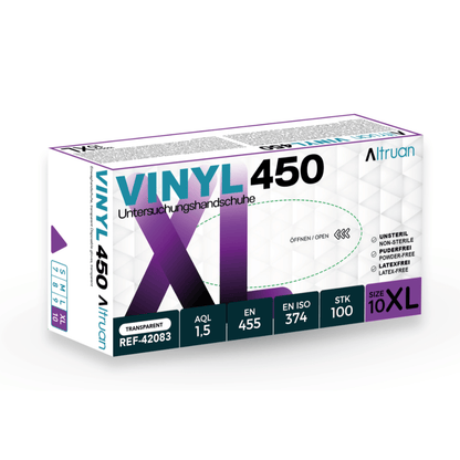 A rectangular box of Altruan Vinyl 450 disposable gloves, transparent, non-sterile, powder-free, latex-free (100 pieces), size 10 XL. The box contains product details and certifications from the brand Altruan.