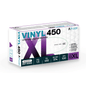 A rectangular box of Altruan Vinyl 450 disposable gloves, transparent, non-sterile, powder-free, latex-free (100 pieces), size 10 XL. The box contains product details and certifications from the brand Altruan.