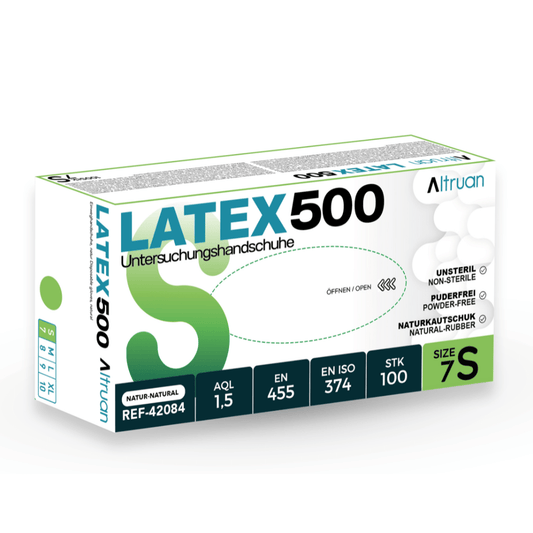 A box of Altruan Latex 500 disposable gloves, natural, size 7S. Contains 100 pieces, powder-free and non-sterile. Product details in German and English. Ideal for anyone looking for high-quality Altruan latex gloves.
