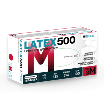 A box of Altruan Latex 500 disposable gloves, natural, 100 pieces, non-sterile, powder-free disposable gloves made from natural rubber with product codes and certifications on the packaging. Brand: Altruan.