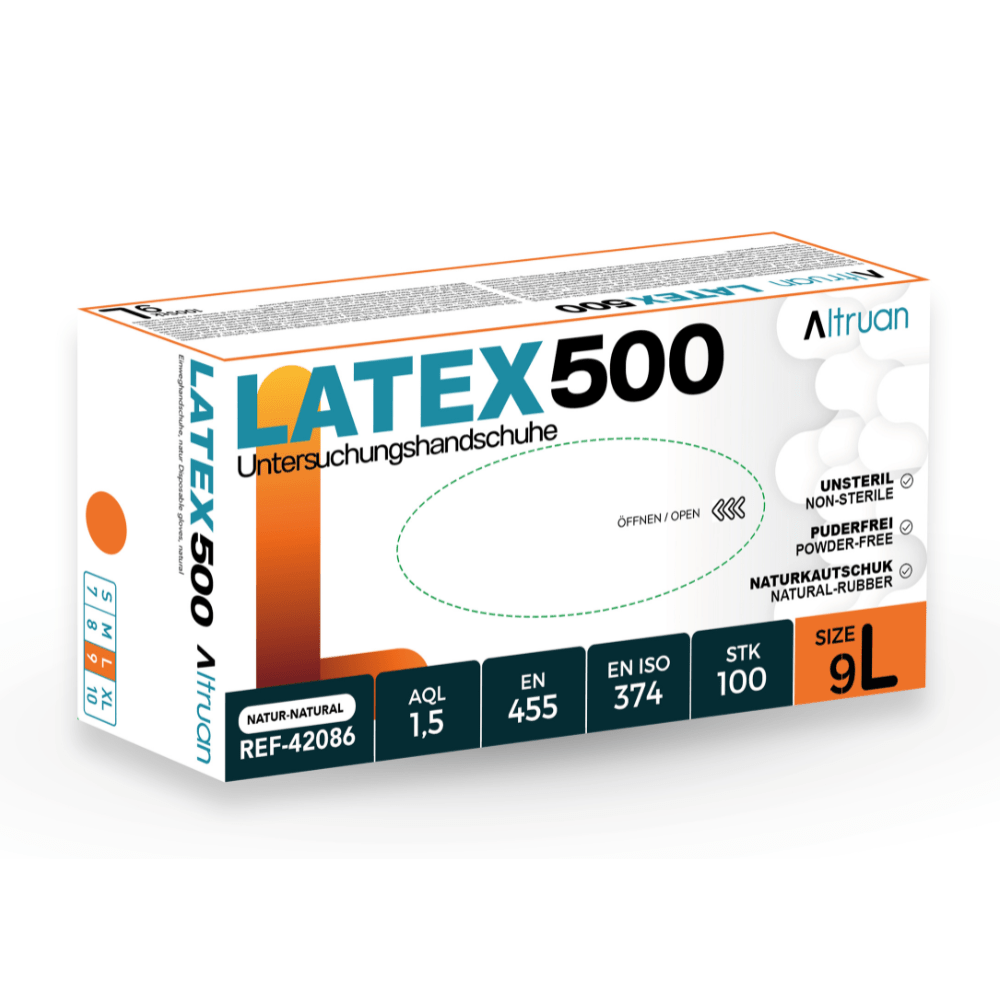 A rectangular box with Altruan Latex 500 disposable gloves (100 pieces, natural), size 9L, powder-free and non-sterile. The mostly white box is adorned with blue, orange, and black text and graphics. Brand: Altruan.