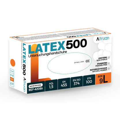 A rectangular box with Altruan Latex 500 disposable gloves (100 pieces, natural), size 9L, powder-free and non-sterile. The mostly white box is adorned with blue, orange, and black text and graphics. Brand: Altruan.