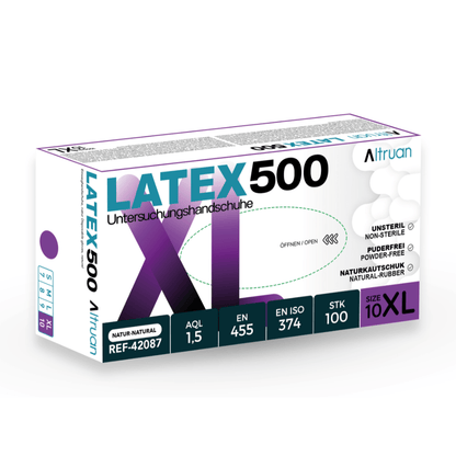 A white-purple box labeled "Altruan Latex 500 gloves" contains 100 natural, powder-free, non-sterile disposable gloves from Altruan in size XL for reliable protection.