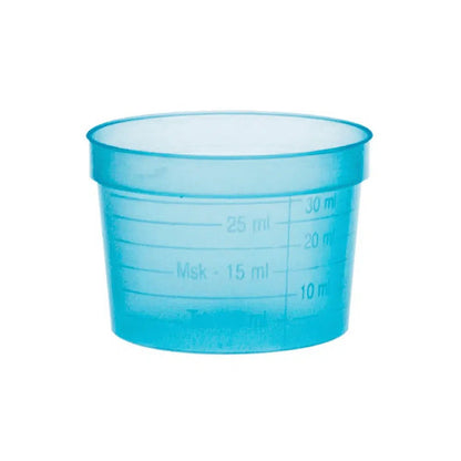 A small, transparent blue AMPri PP medical cup from AMPri Handelsgesellschaft mbH with measurement markings from 10 ml to 30 ml. This cylindrical cup made of polypropylene is designed for the precise measurement of liquid quantities.