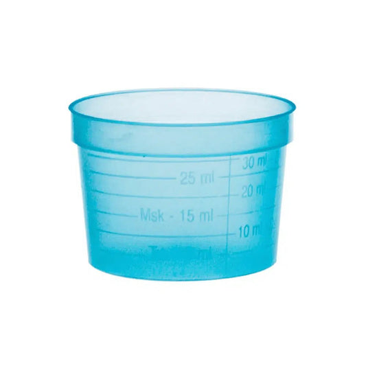 A small, transparent blue AMPri PP medical cup from AMPri Handelsgesellschaft mbH with measurement markings from 10 ml to 30 ml. This cylindrical cup made of polypropylene is designed for the precise measurement of liquid quantities.