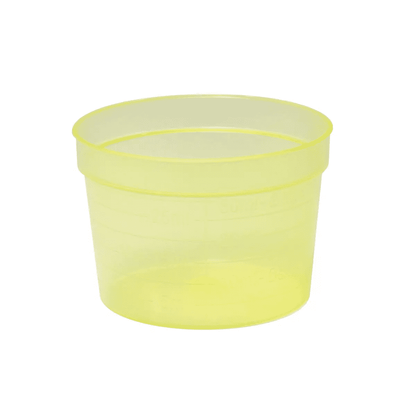 The AMPri PP medical cup 30 ml is a translucent yellow plastic measuring cup made of polypropylene with volume markings on the side. This cylindrically shaped cup has a consistent diameter from top to bottom and stands on a plain white background. The product is available in various colors and includes 2000 pieces per package. It is manufactured by AMPri Handelsgesellschaft mbH.