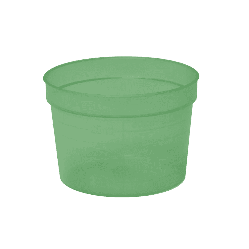 The AMPri PP medical cup, available in 30 ml with side volume markings and in various colors, is made of durable polypropylene. This transparent green plastic cup from AMPri Handelsgesellschaft mbH has no handle.