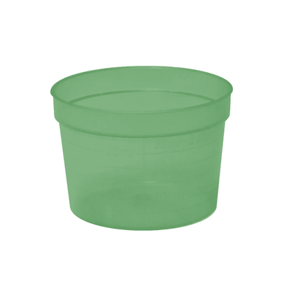 The AMPri PP medical cup, available in 30 ml with side volume markings and in various colors, is made of durable polypropylene. This transparent green plastic cup from AMPri Handelsgesellschaft mbH has no handle.
