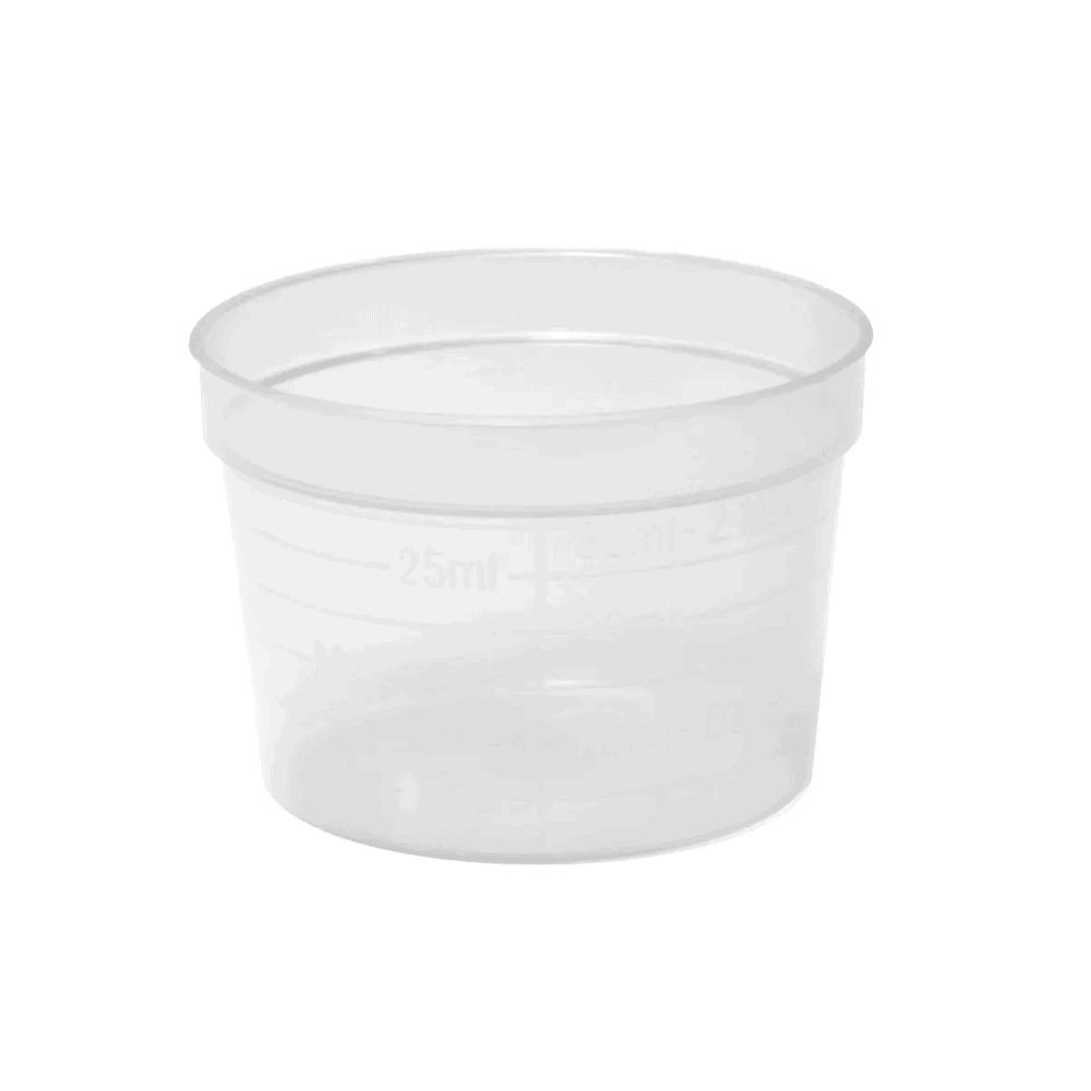The AMPri PP medical cup from AMPri Handelsgesellschaft mbH is a cylindrical cup made of durable polypropylene. This clear plastic measuring cup features precise graduation lines up to 30 ml and is available in various colors. The background is plain white.